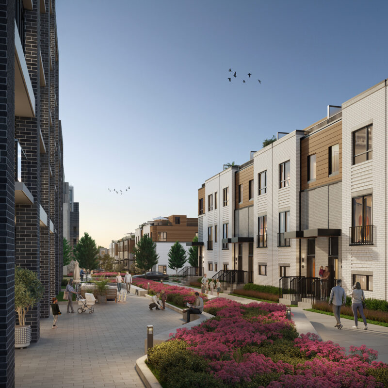 Rendering of Carousel Towns in Vaughan’s Thornhill Walk, a missing-middle housing development by Kohn Partnership Architects featuring modern back-to-back townhomes, landscaped green space, and family-friendly community amenities.